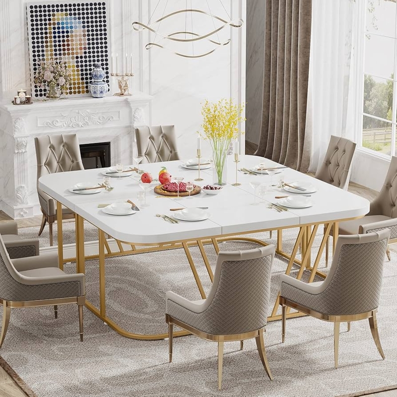 Square Dining Table with Polished Gold Geometric Base