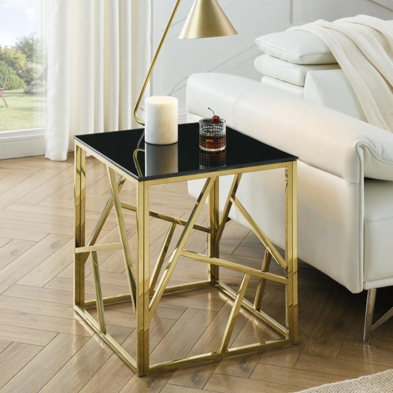Square End Table Black Glass Top Geometric Frame