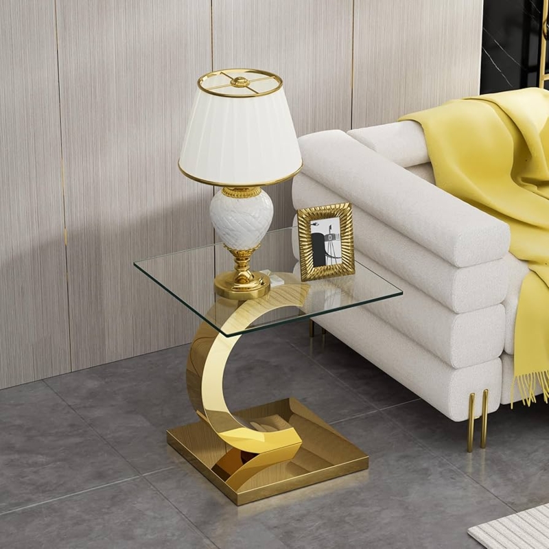Square End Table C Shaped Pedestal Polished Finish Glass