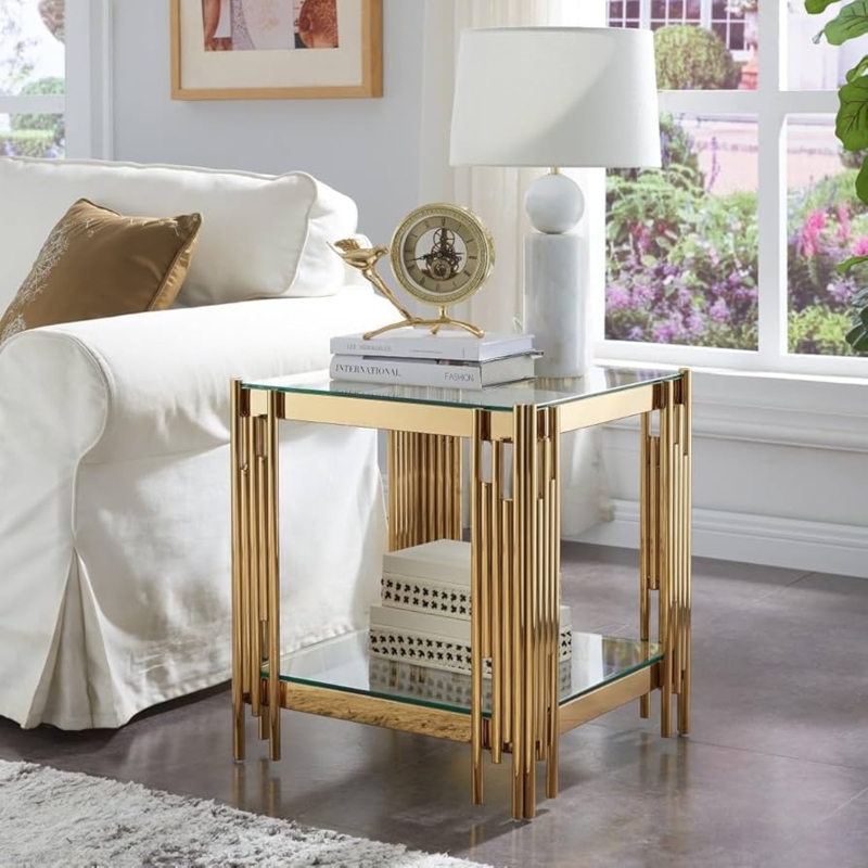 Square End Table Mirrored Bottom Metal Frame Glass Top