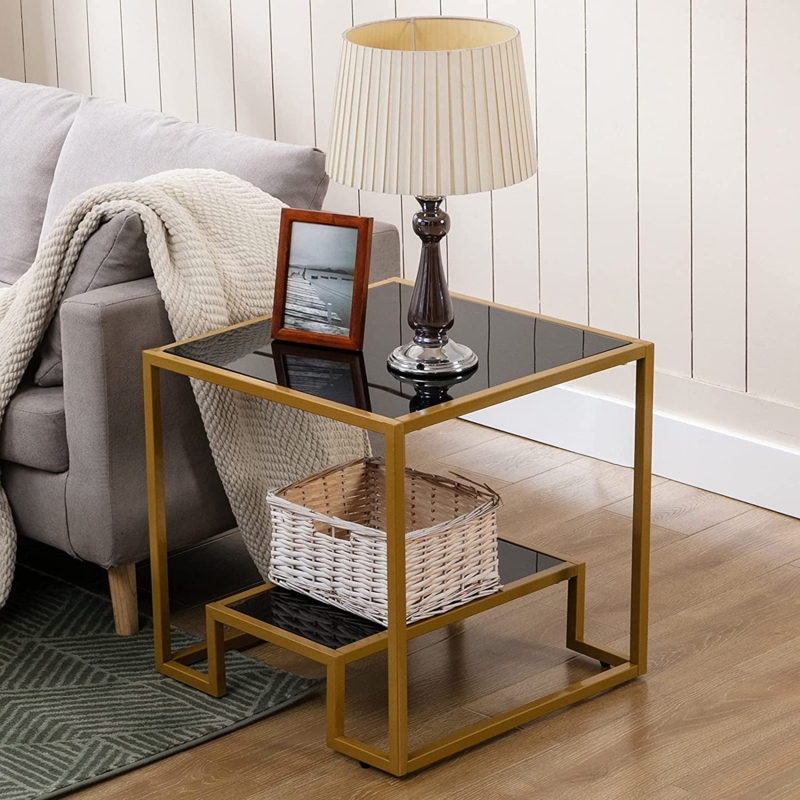 Square End Table Stepped Lower Shelf Black Glass