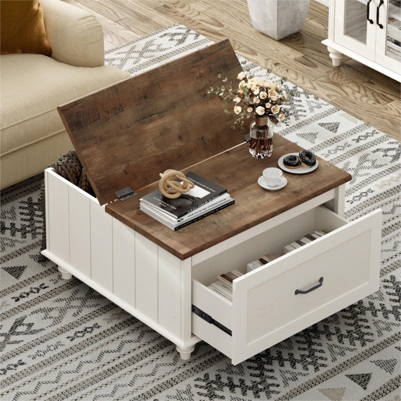 Square Farmhouse Lift Top Coffee Table, Off-White Plank Sides and Drawer