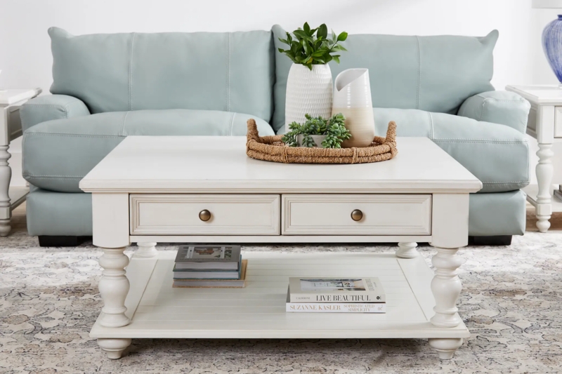 Square Ivory Coffee Table with Sand Texture & Storage