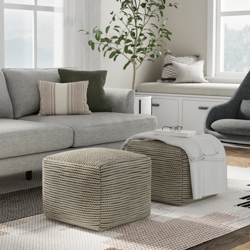 Square Knitted Pouf Cream Chunky Knit Woven Boho Living Room