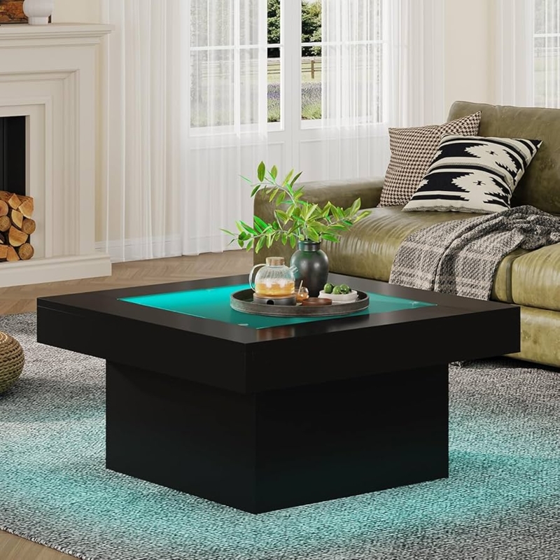 Square LED Coffee Table with Recessed Tempered Glass Top and Teal Glow