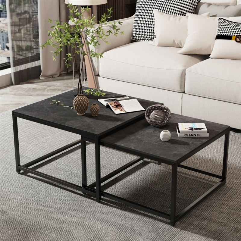 Square Nesting Coffee Tables with Charcoal Stone Top and Metal Frame