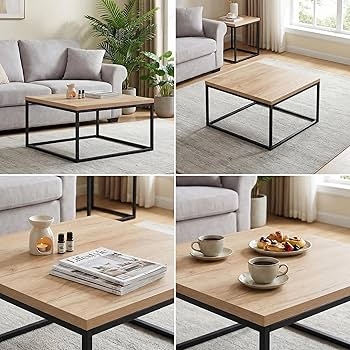 Square Oak Coffee Table Thick Wood Top Matte Black Metal Frame Industrial