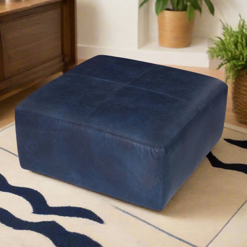 Square Ottoman Leather Like with Embossed Top Navy Blue Centerpiece