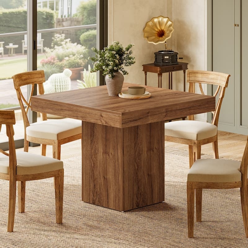 Square Pedestal Dining Table Rustic Modern Wood X-Back Chairs