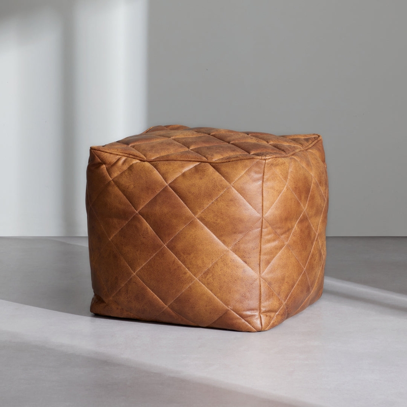 Square Pouf Leather-Like Waffle Quilted Texture Modern