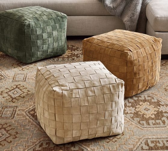 Square Pouf Ottoman Suede Like Basketweave Pattern Earth Tones
