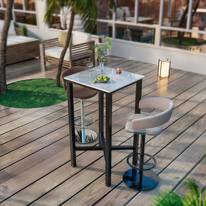 Square Pub Table Sintered Stone Top Outdoor Patio Black Metal X Base