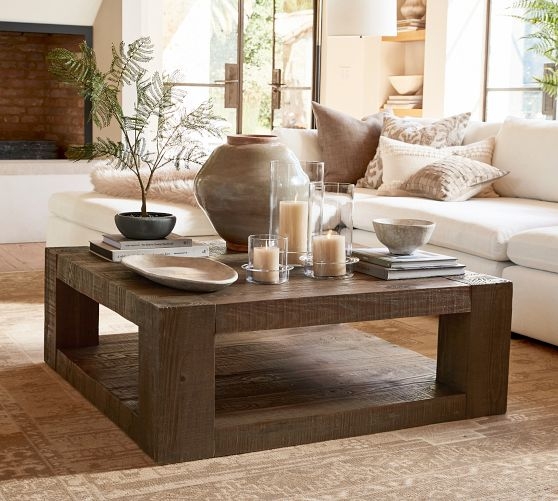 Square Reclaimed Wood Coffee Table with Heavy Block Frame and Shelf