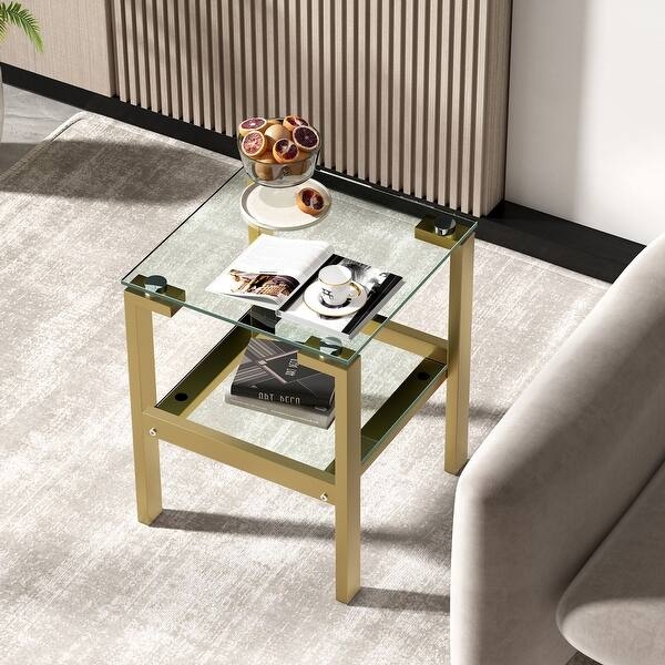 Square Side Table Corner Brackets Two Tier Glass