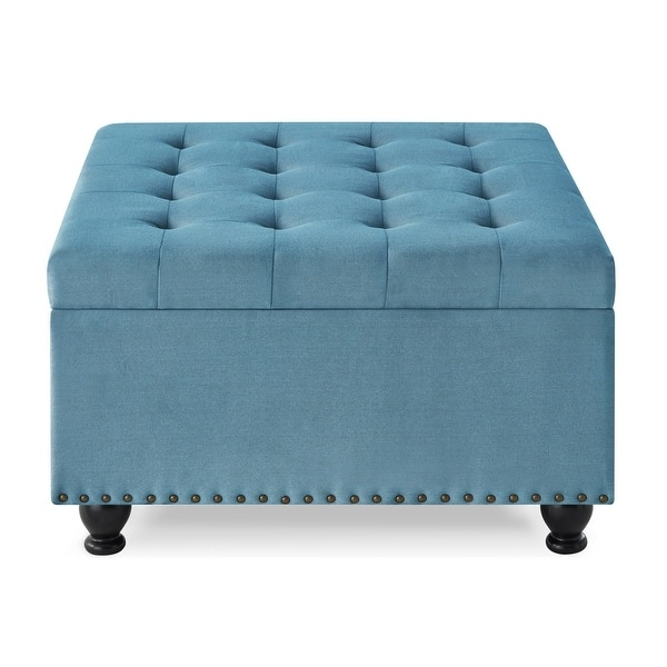 Square Storage Ottoman Light Blue Linen Look Tufted Nailhead