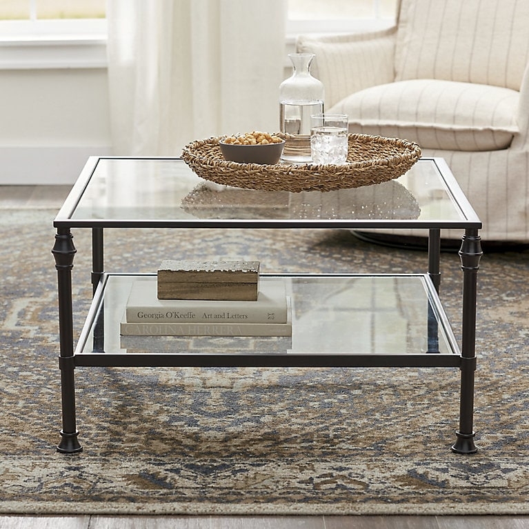 Square Two-Tier Glass Coffee Table with Dark Bronze Turned Metal Legs
