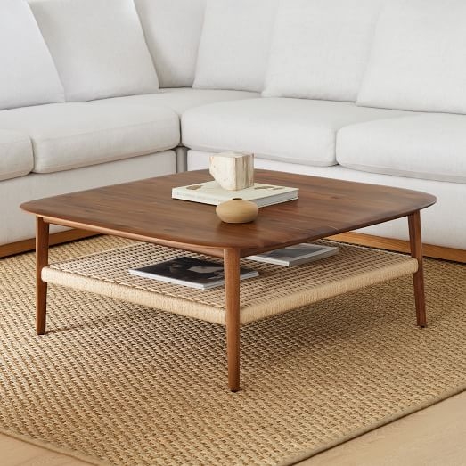 Square Walnut Coffee Table Woven Lower Shelf Mid-Century