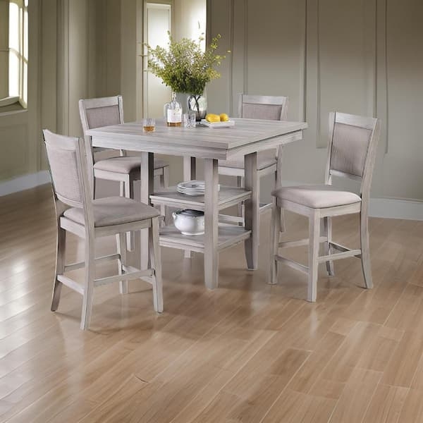 Square Weathered Gray Dining Set with Built-In Table Shelves