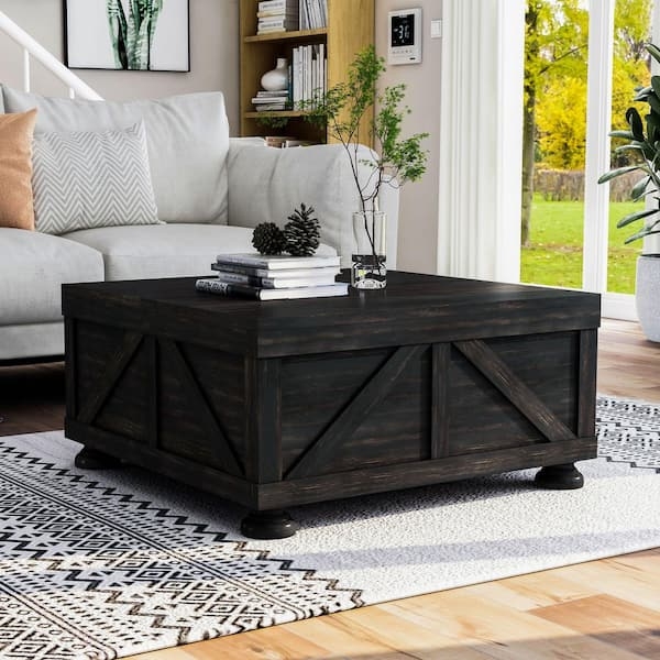 Square Wood Coffee Table featuring Rustic X-Brace Sides and Bun Feet