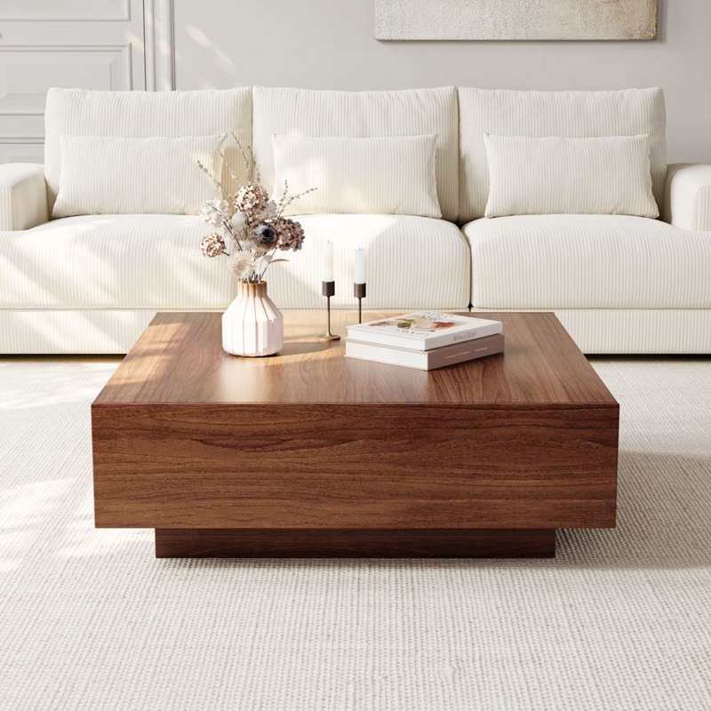 Square Wood Coffee Table Plinth Base Low Profile Walnut