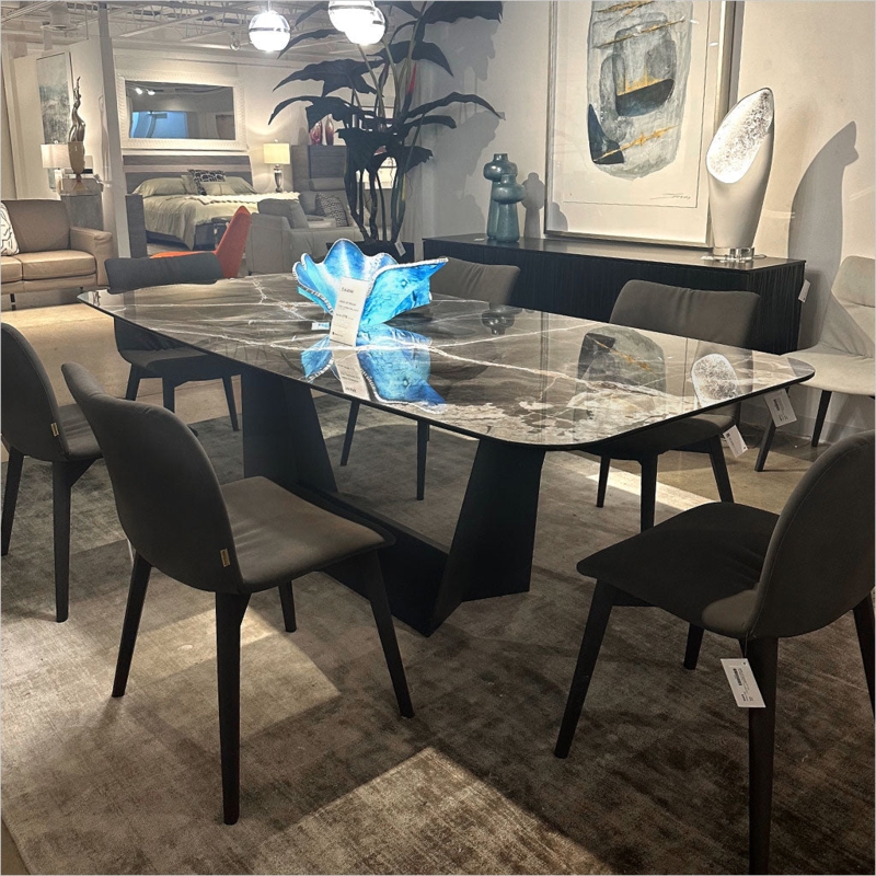 Stadium Shaped Dining Table with Ribbed Texture Twin Pedestal Bases