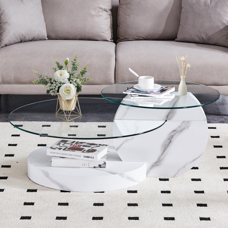 Staggered Coffee Table with Round Glass Tops and Marble Pattern Bases