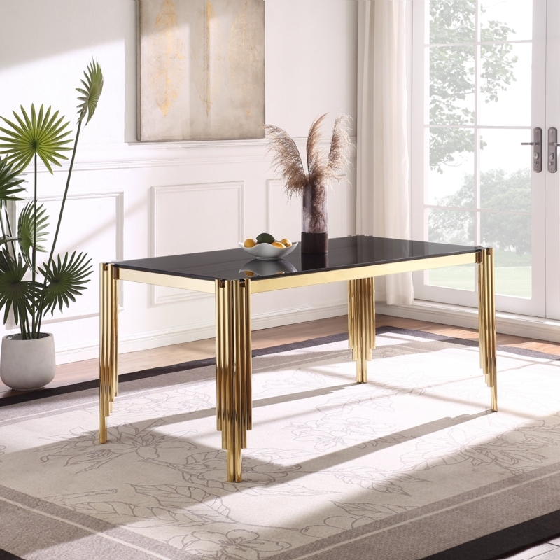 Staggered Rod Legs Rectangular Dining Table Gold Finish Art Deco