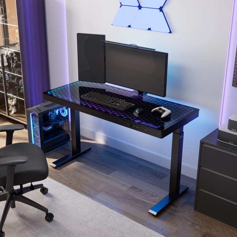 Standing Gaming Desk Glass Top with Geometric RGB Grid Lighting