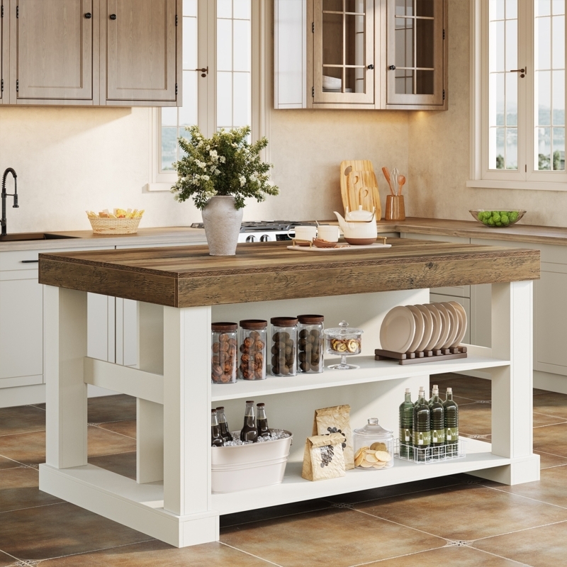 Stationary Farmhouse Kitchen Island Thick Wood Top Open Base Storage