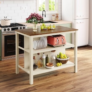 Stationary Kitchen Island, Cream Frame with Walnut Butcher Block Top