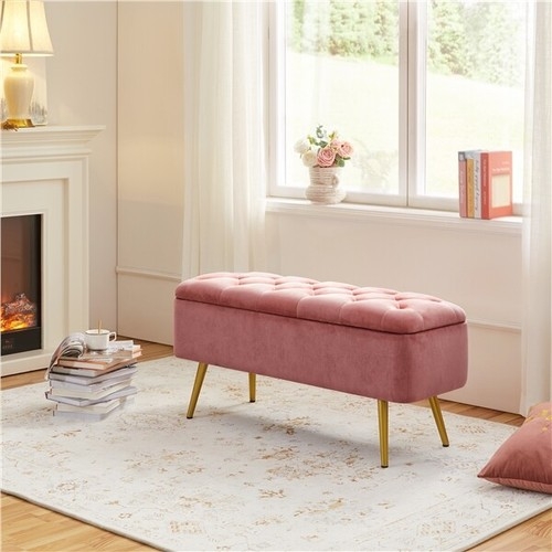Storage Bench Blush Pink Tufted Seat Gold Tapered Legs