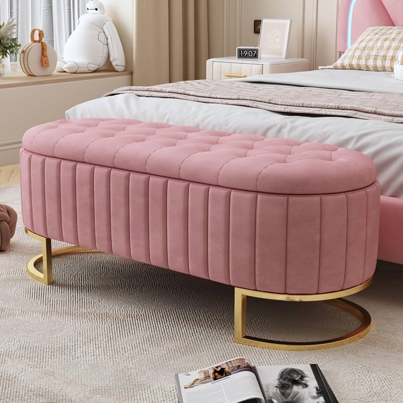 Storage Bench in Pink Velvet with Gold Sled Legs and Channel Tufting