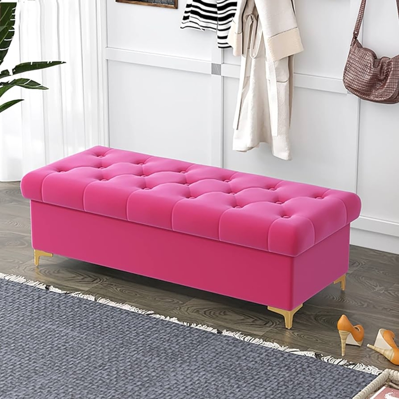 Storage Bench Magenta Velvet Button Tufted with Gold Bracket Legs