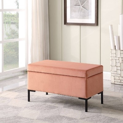 Storage Bench with Unhinged Lid and Slim Black Legs in Blush Velvet
