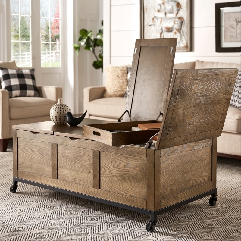 Storage Coffee Table on Wheels with Split Top Lid and Removable Tray