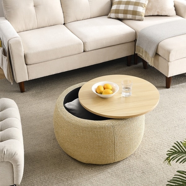 Storage Coffee Table Round Woven Fabric with Removable Wood Lid