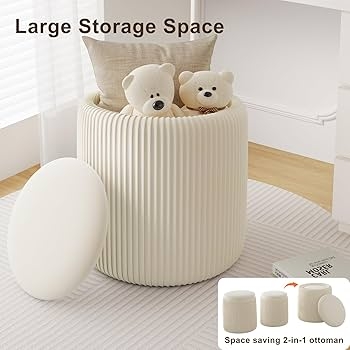 Storage Ottoman 2-in-1 Nesting Set Ivory Fluted Upholstered