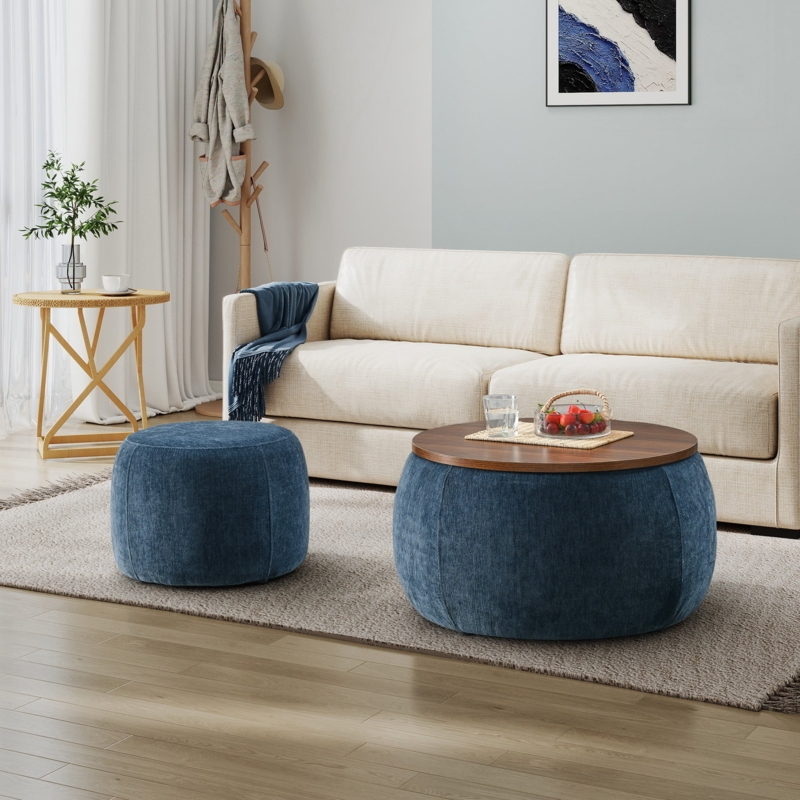 Storage Ottoman 2-Piece Set Chenille with Tray Top