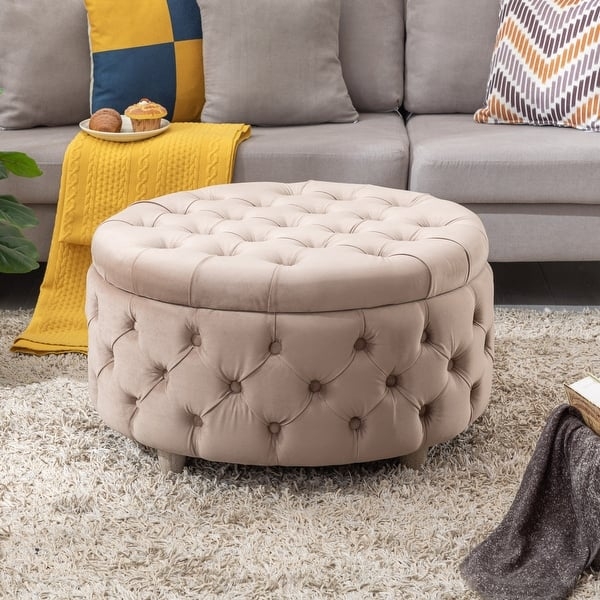 Storage Ottoman All-Over Button Tufted Beige Velvet Round Stool