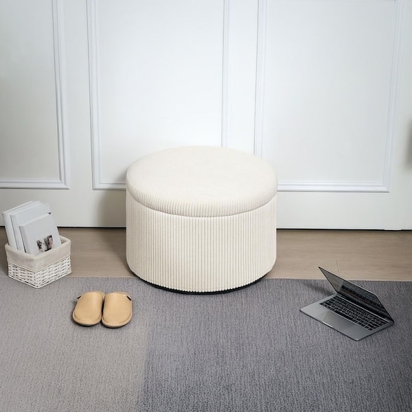 Storage Ottoman Beige Corduroy Ribbed Texture Round Footrest Stool