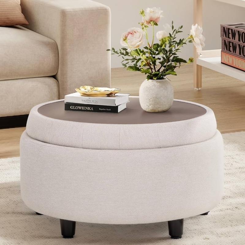 Storage Ottoman Beige Linen Look Reversible Tray Lid Wood Top