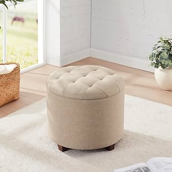 Storage Ottoman Beige Linen Weave Texture Button Tufted Round