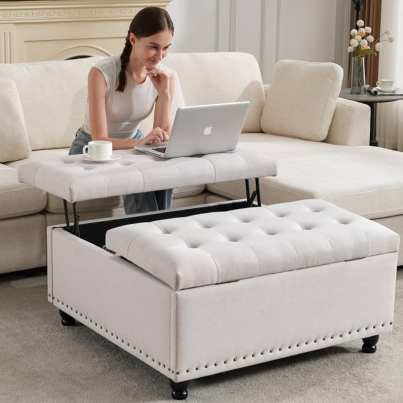 Storage Ottoman, Beige Tufted Lift-Top Coffee Table Bench