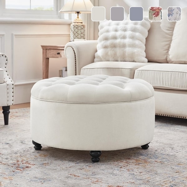 Storage Ottoman Beige Tufted Round with Traditional Bun Feet