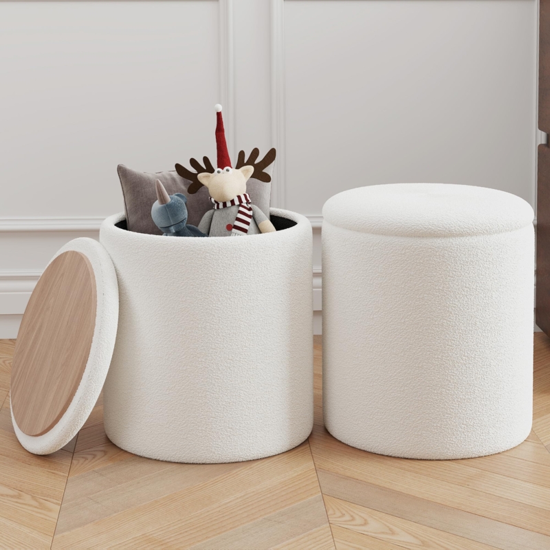 Storage Ottoman Boucle Texture Cylindrical Pouf Set Wood Lid