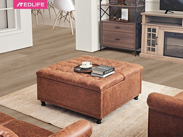 Storage Ottoman, Brown Leather-Like Tufted Square Coffee Table