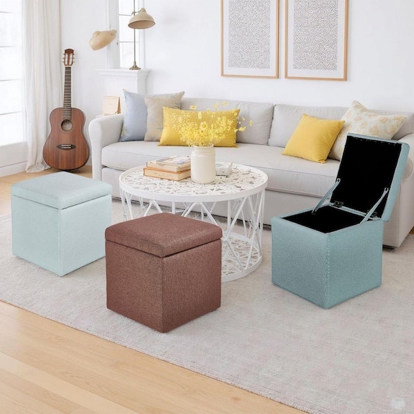 Storage Ottoman, Brown Woven Fabric Cube with Flip-Top Lid