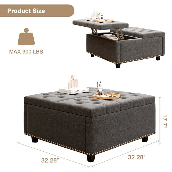 Storage Ottoman, Charcoal Grey Tufted Lift-Top Square
