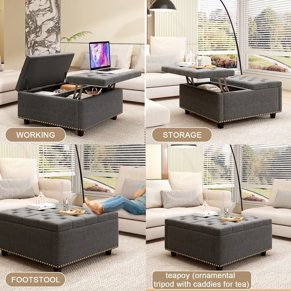 Storage Ottoman, Charcoal Grey Tufted Split-Top Desk Footstool