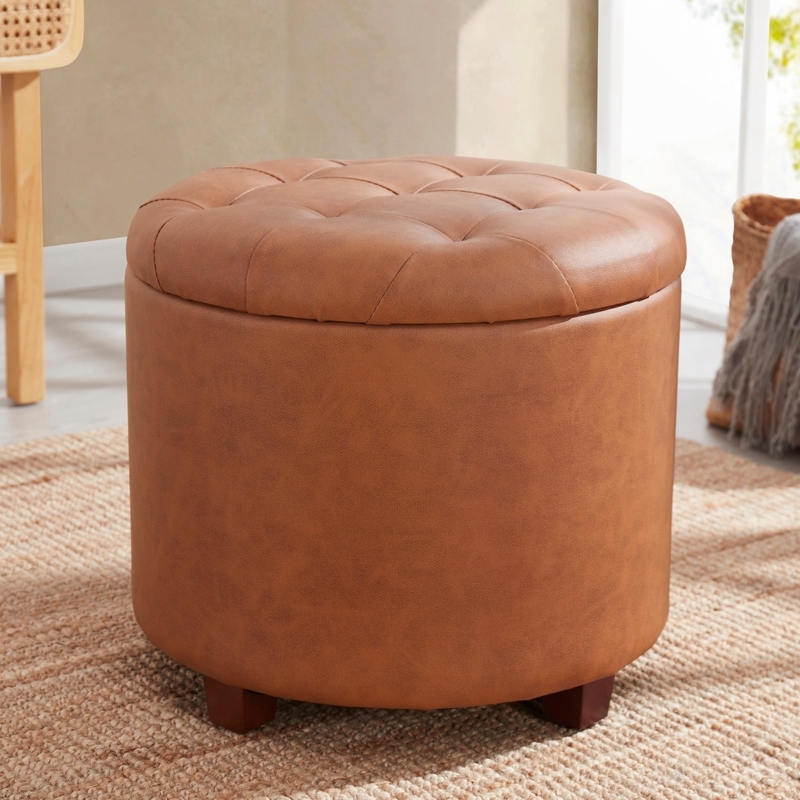 Storage Ottoman Cognac Round Button Tufting Tapered Legs, Mid Century Modern Accent